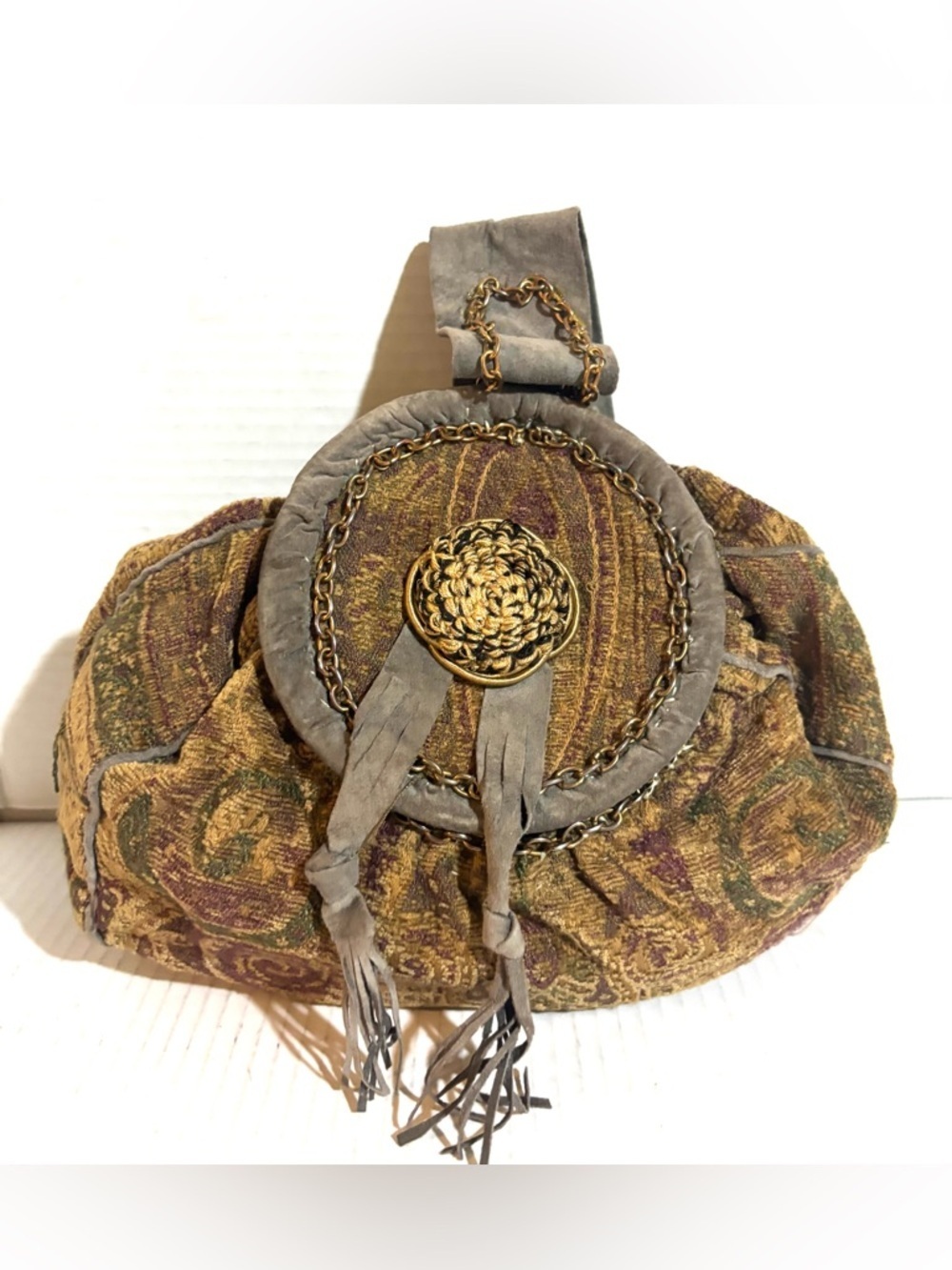 Vintage suede, corduroy Bohemian Tapestry Fringe handle Bag in Olive and Gold